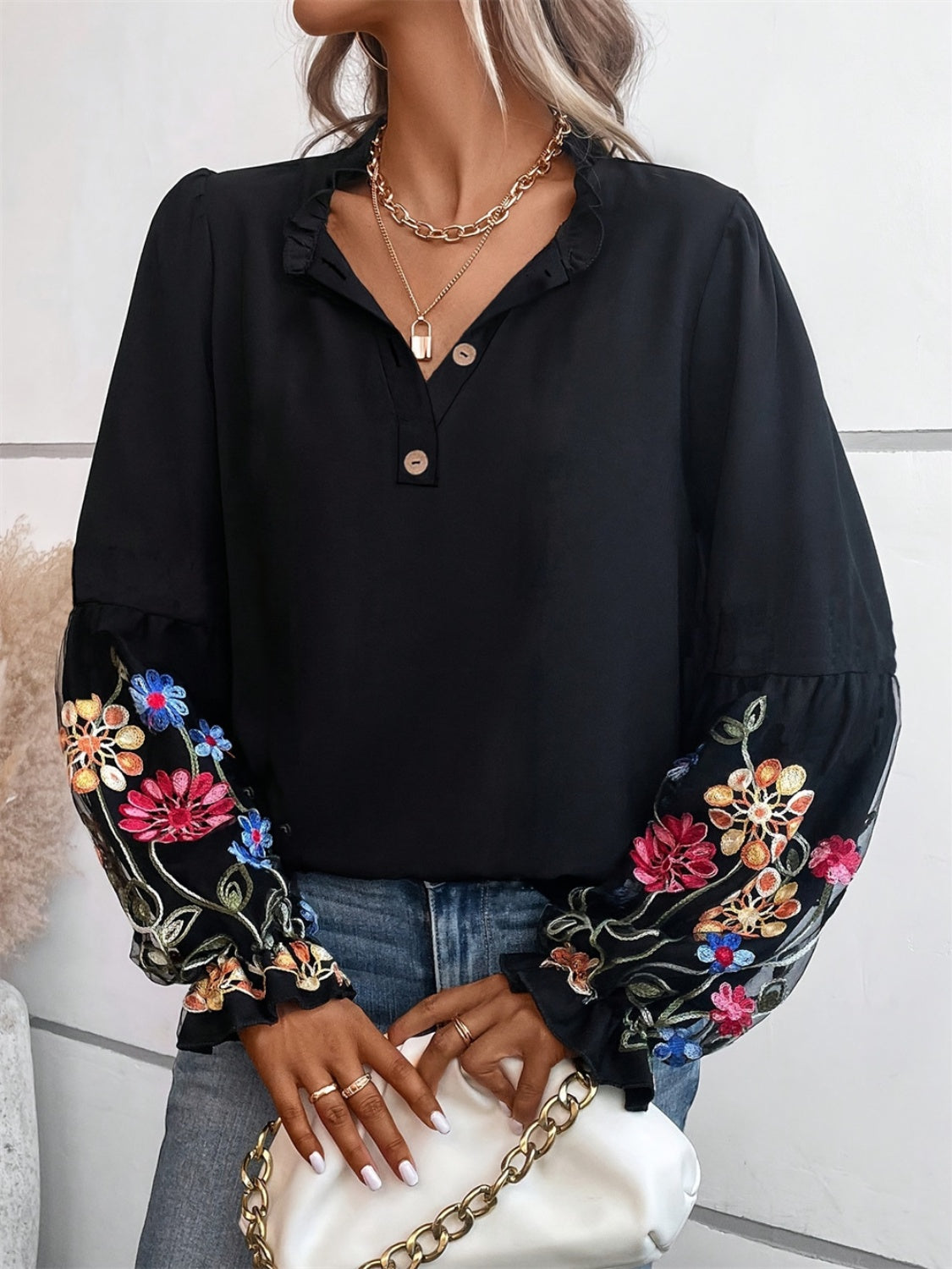 Embroidered Notched Long Sleeve Blouse