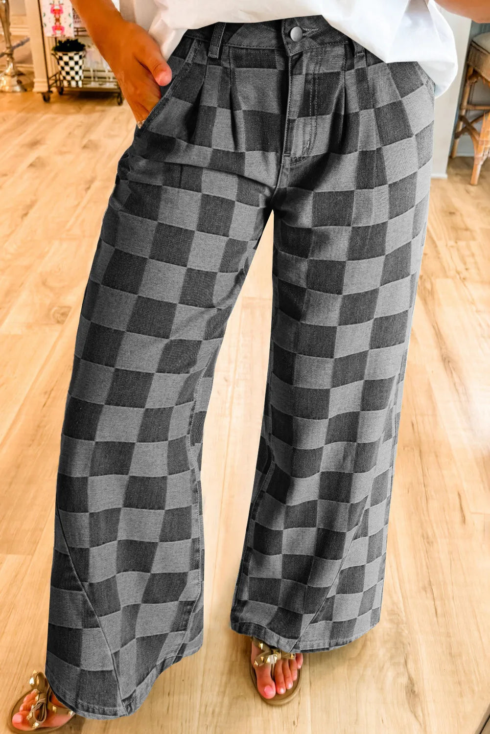 Buy dark-gray Checkered Wide Leg Jeans with Pockets