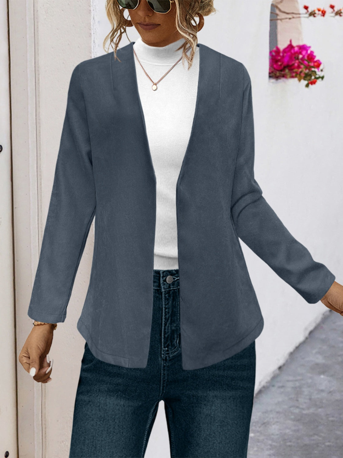 Buy french-blue Open Front Long Sleeve Cardigan