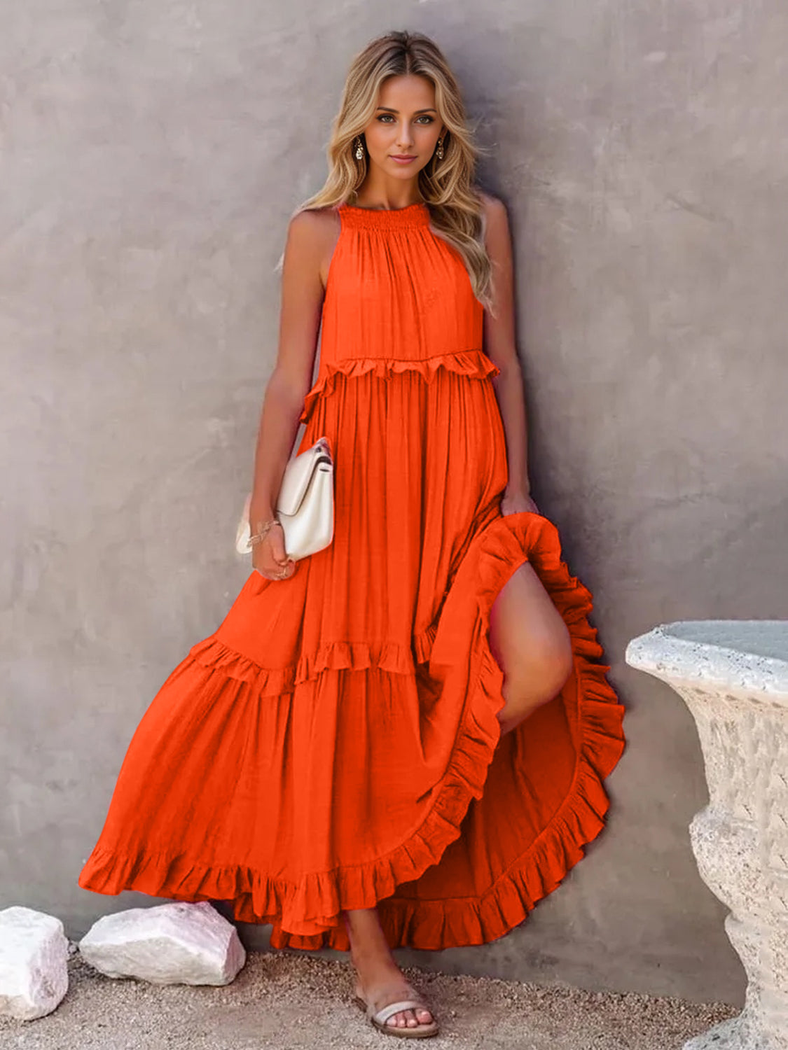 Buy orange-red Ruffled Sleeveless Tiered Maxi Dress with Pockets