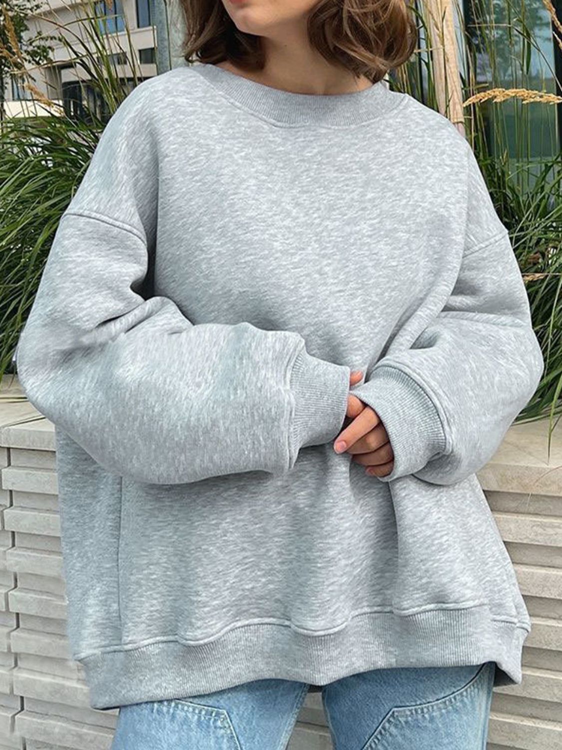 Buy heather-gray Oversize Round Neck Dropped Shoulder Sweatshirt