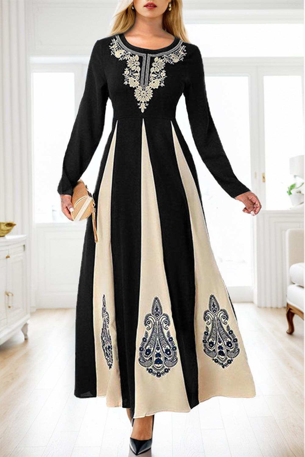 Buy black Printed Round Neck Long Sleeve Maxi Dress