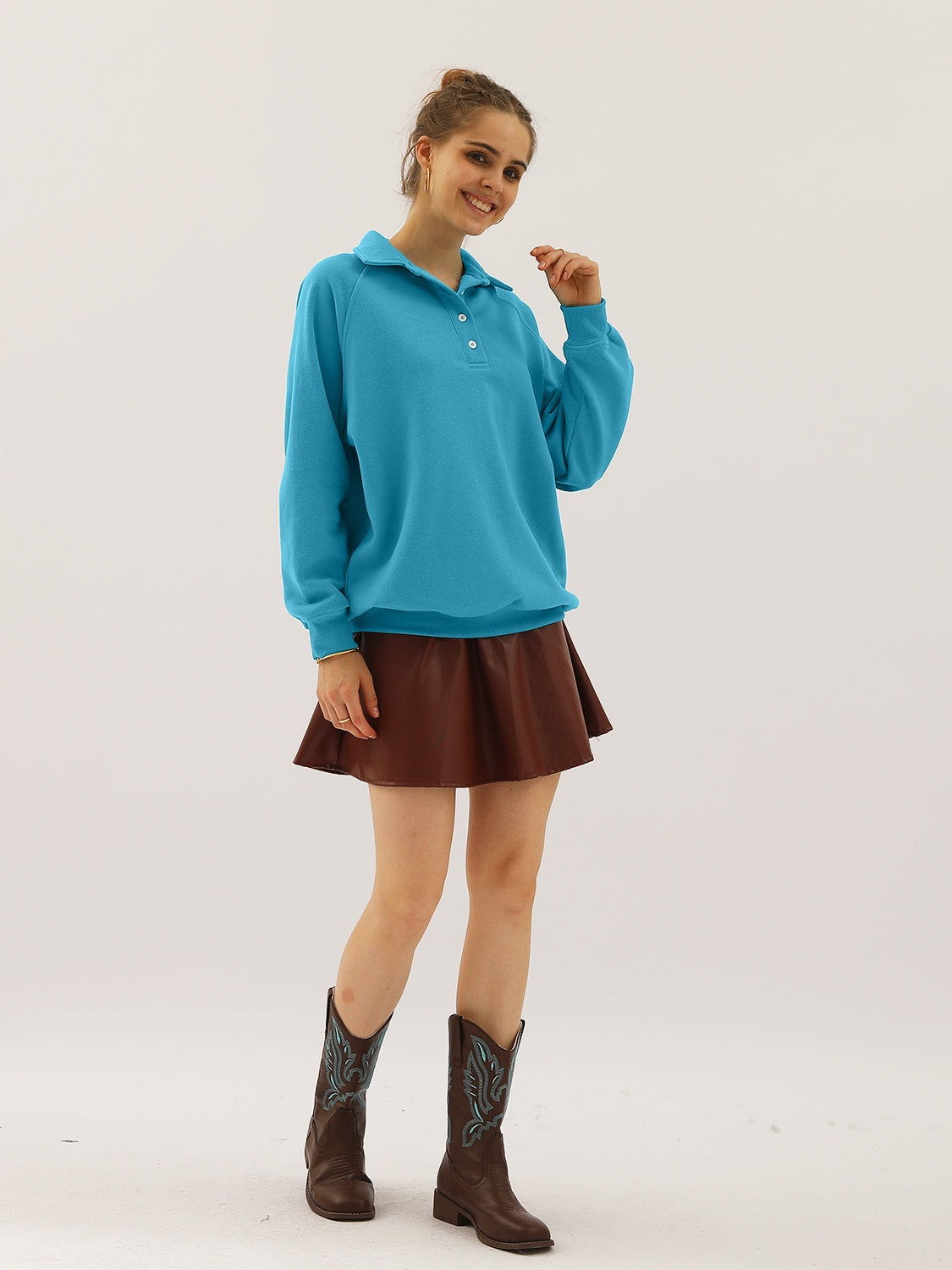 Buy turquoise Ninexis Full Size Quarter-Button Collared Sweatshirt