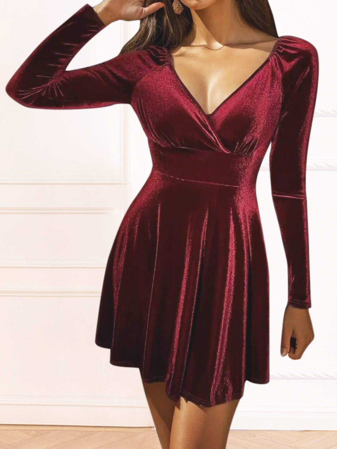 Buy burgundy Surplice Ruched Long Sleeve Mini Dress