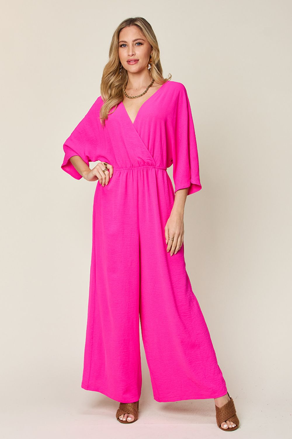 Buy hot-pink Double Take Full Size Surplice Wide Leg Jumpsuit with Pockets