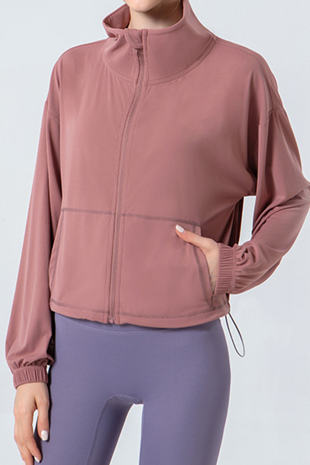 Drawstring Zip Up Dropped Shoulder Active Outerwear