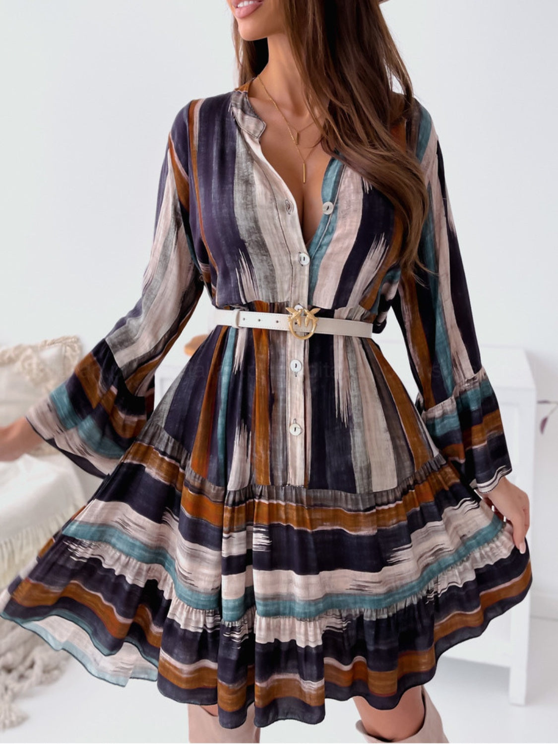 Buy caramel Buttoned Striped Long Sleeve Mini Dress