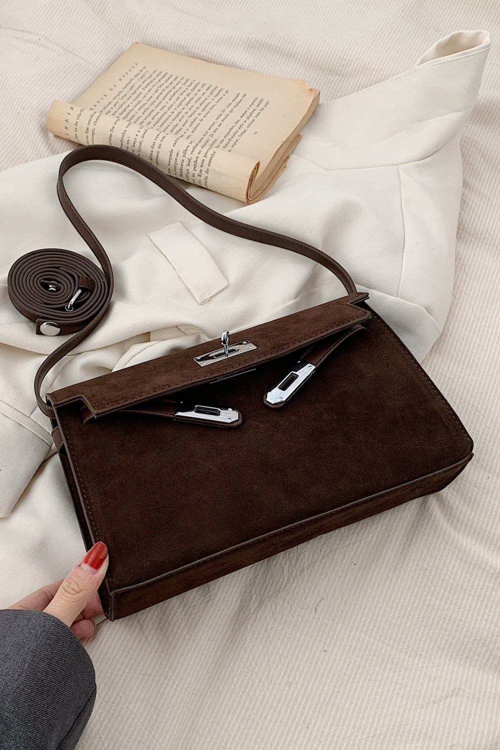 Buy chocolate Suede PU Leather Strap Shoulder Bag