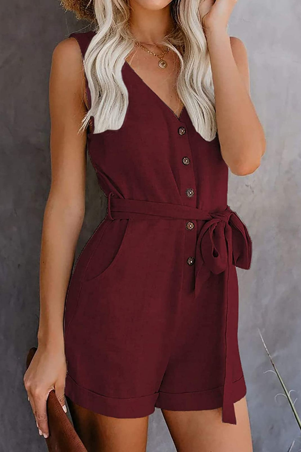 Buy burgundy Full Size Tied V-Neck Sleeveless Romper with Pockets