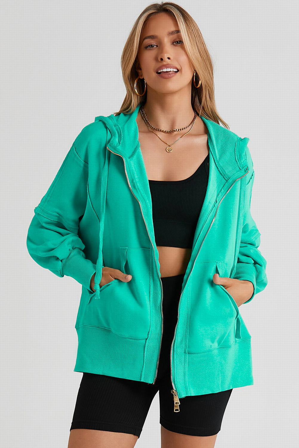 Buy teal Zip Up Long Sleeve Drawstring Hoodie