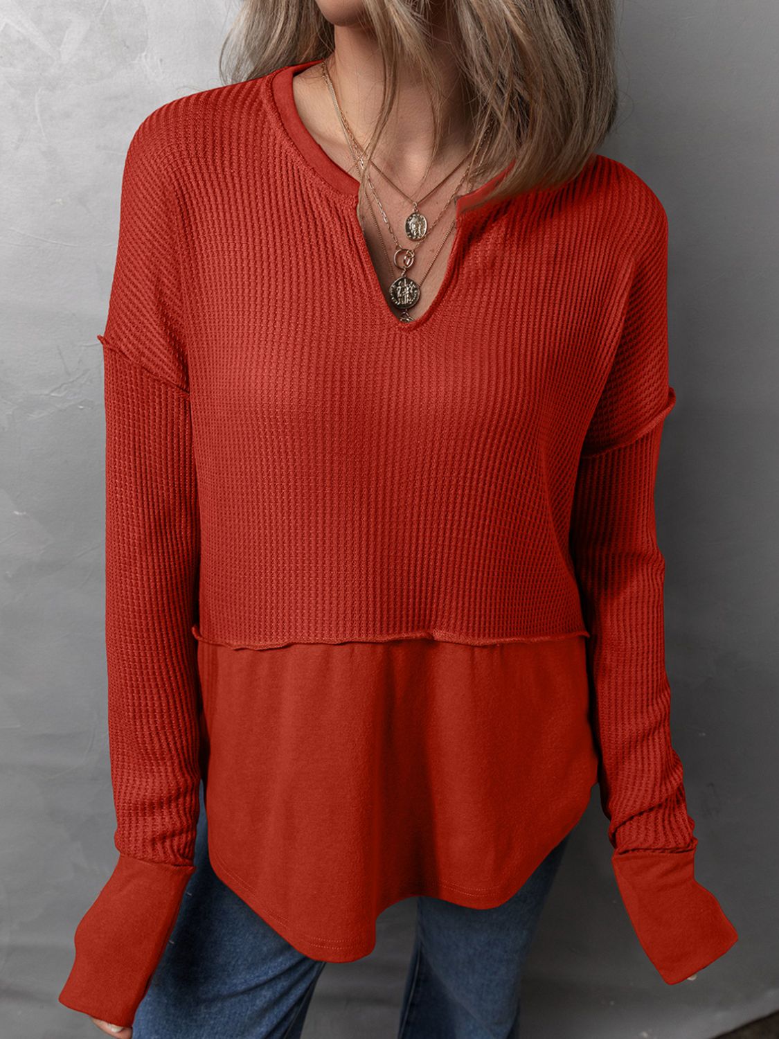 Buy deep-red Waffle-Knit Notched Long Sleeve T-Shirt