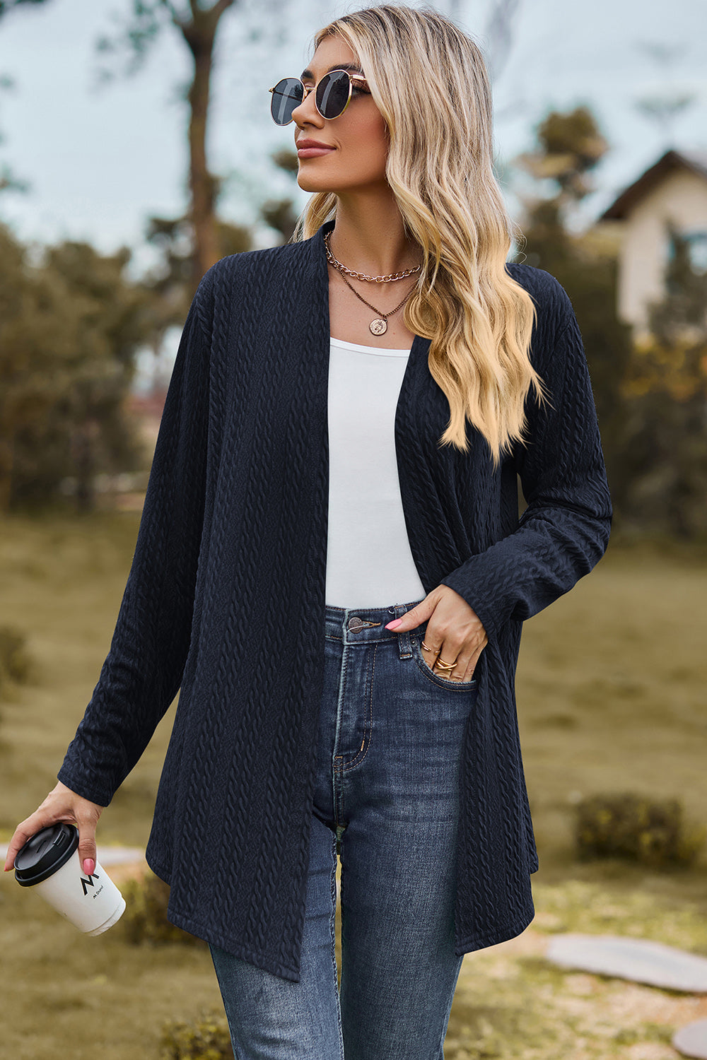 Buy dark-blue Textured Open Front Long Sleeve Cardigan