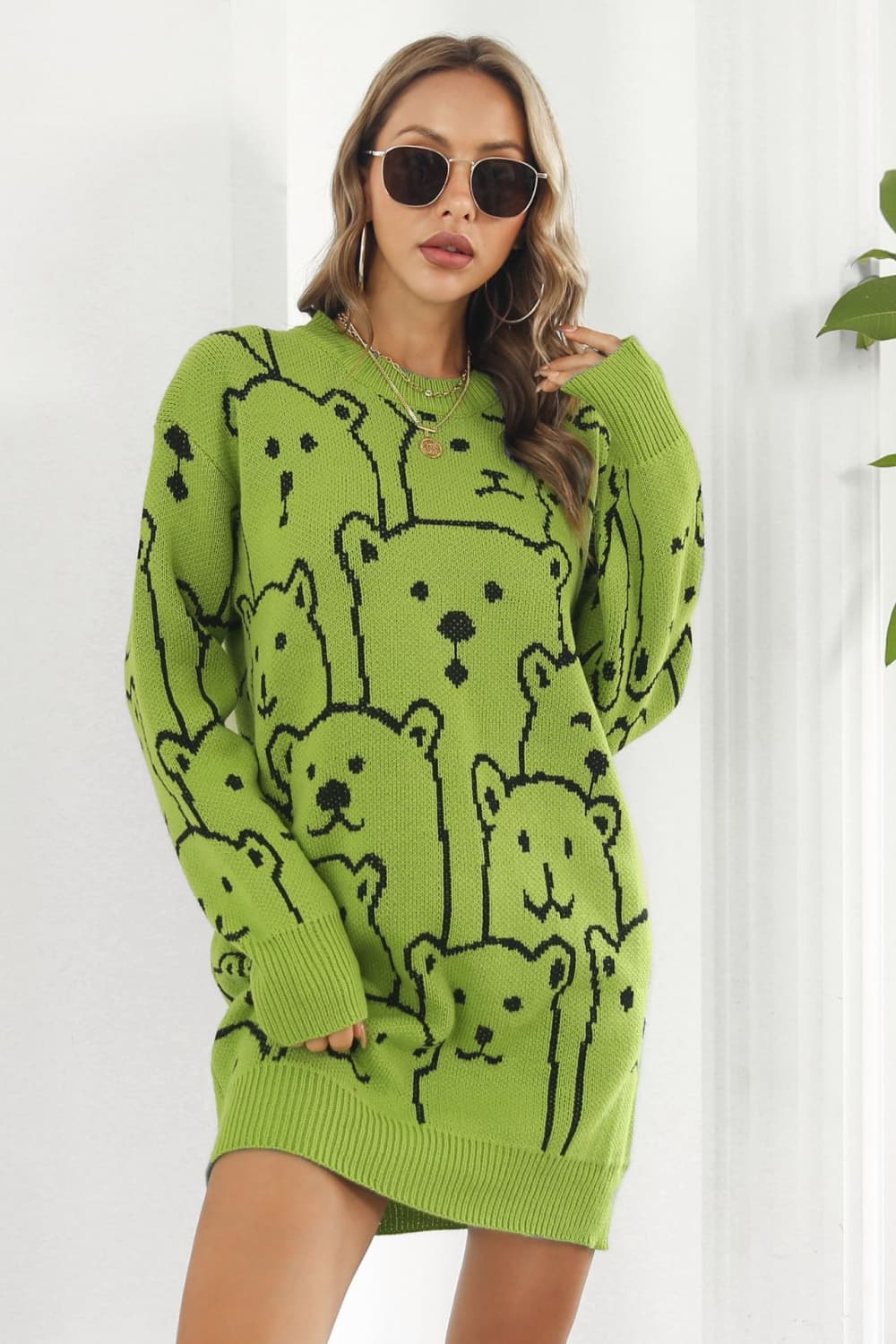 Buy yellow-green Bear Pattern Round Neck Sweater Dress