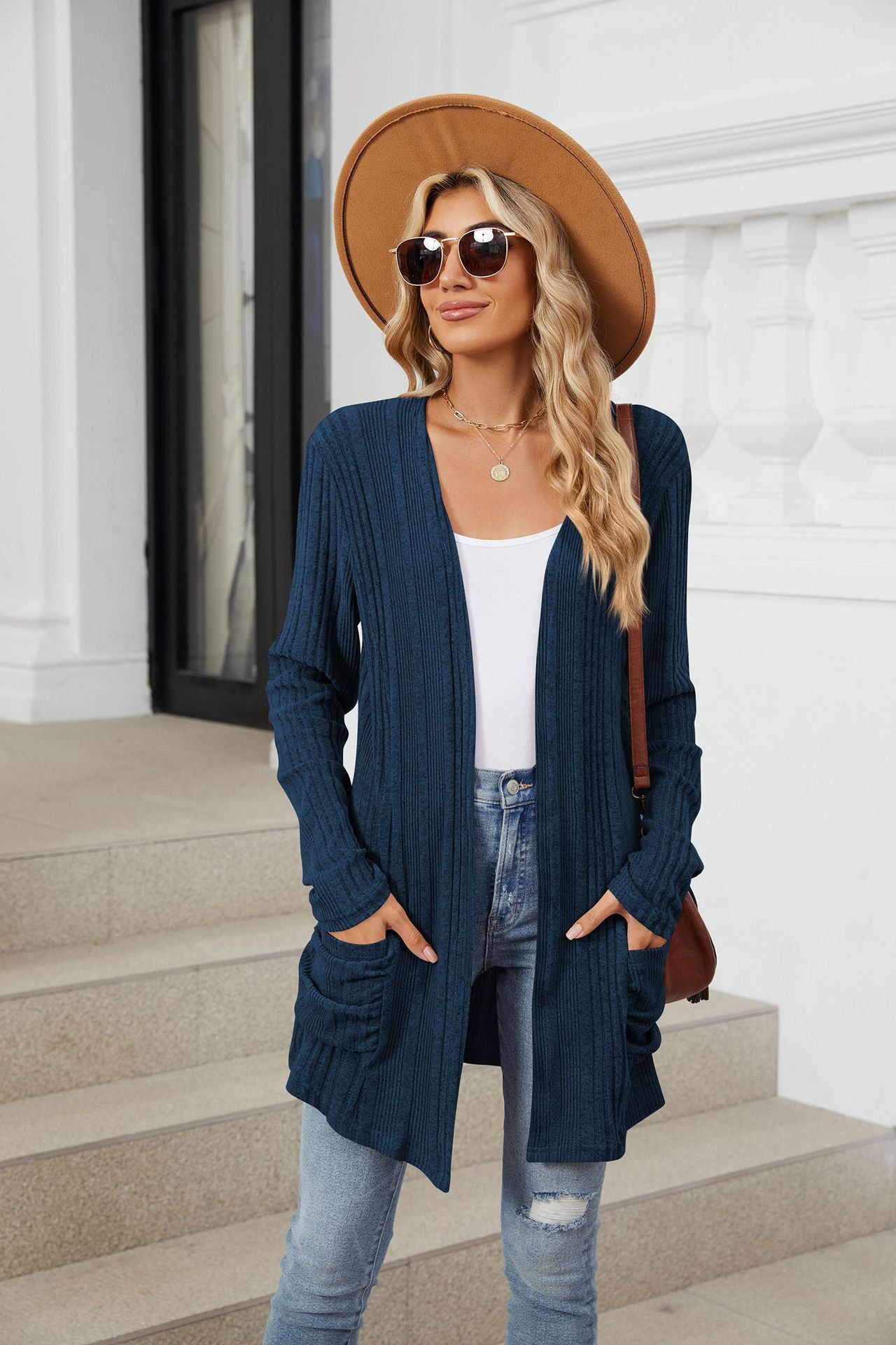 Buy peacock-blue Pocketed Open Front Long Sleeve Cardigan