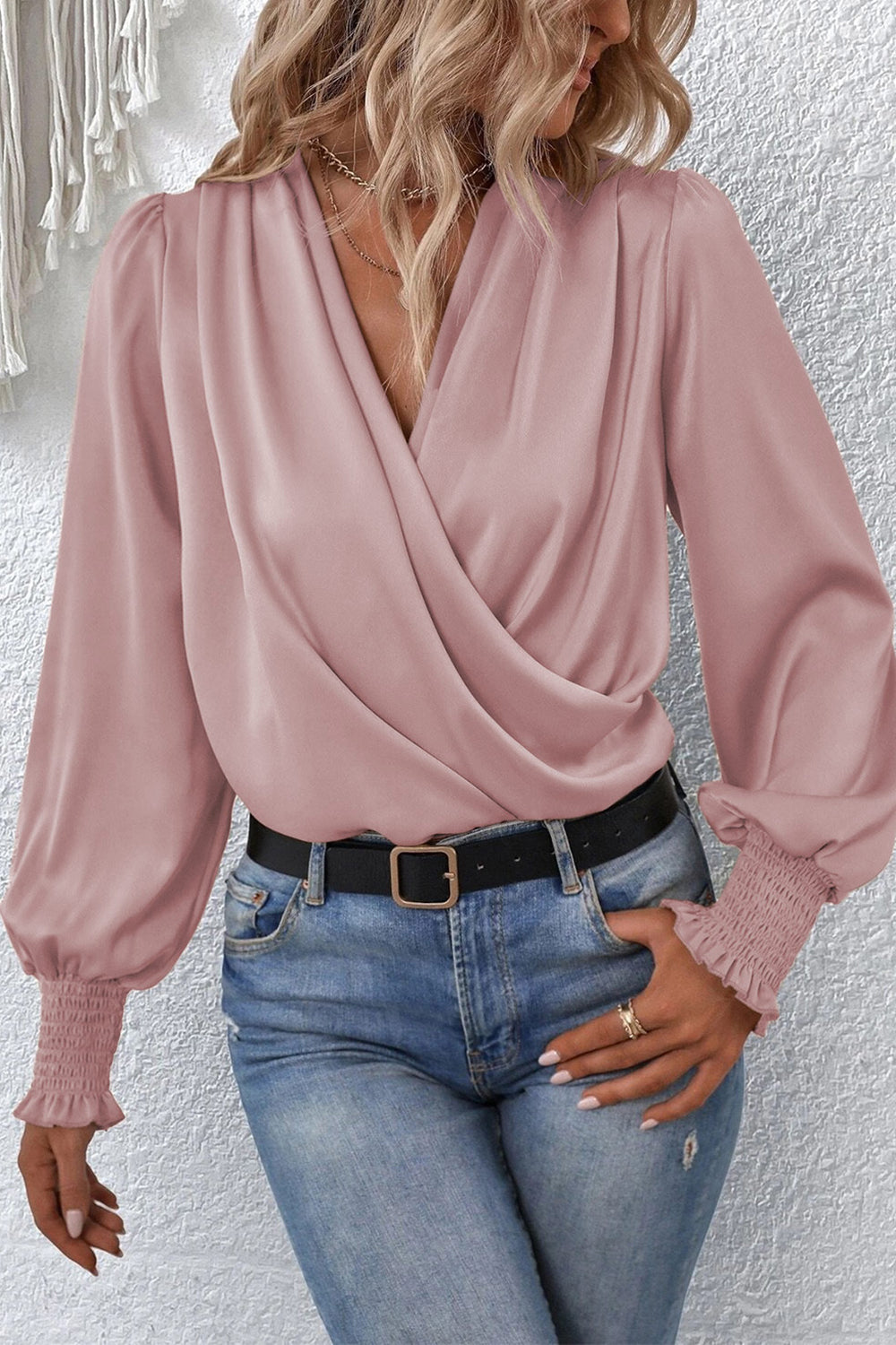 Buy light-mauve Surplice Neck Lantern Sleeve Blouse