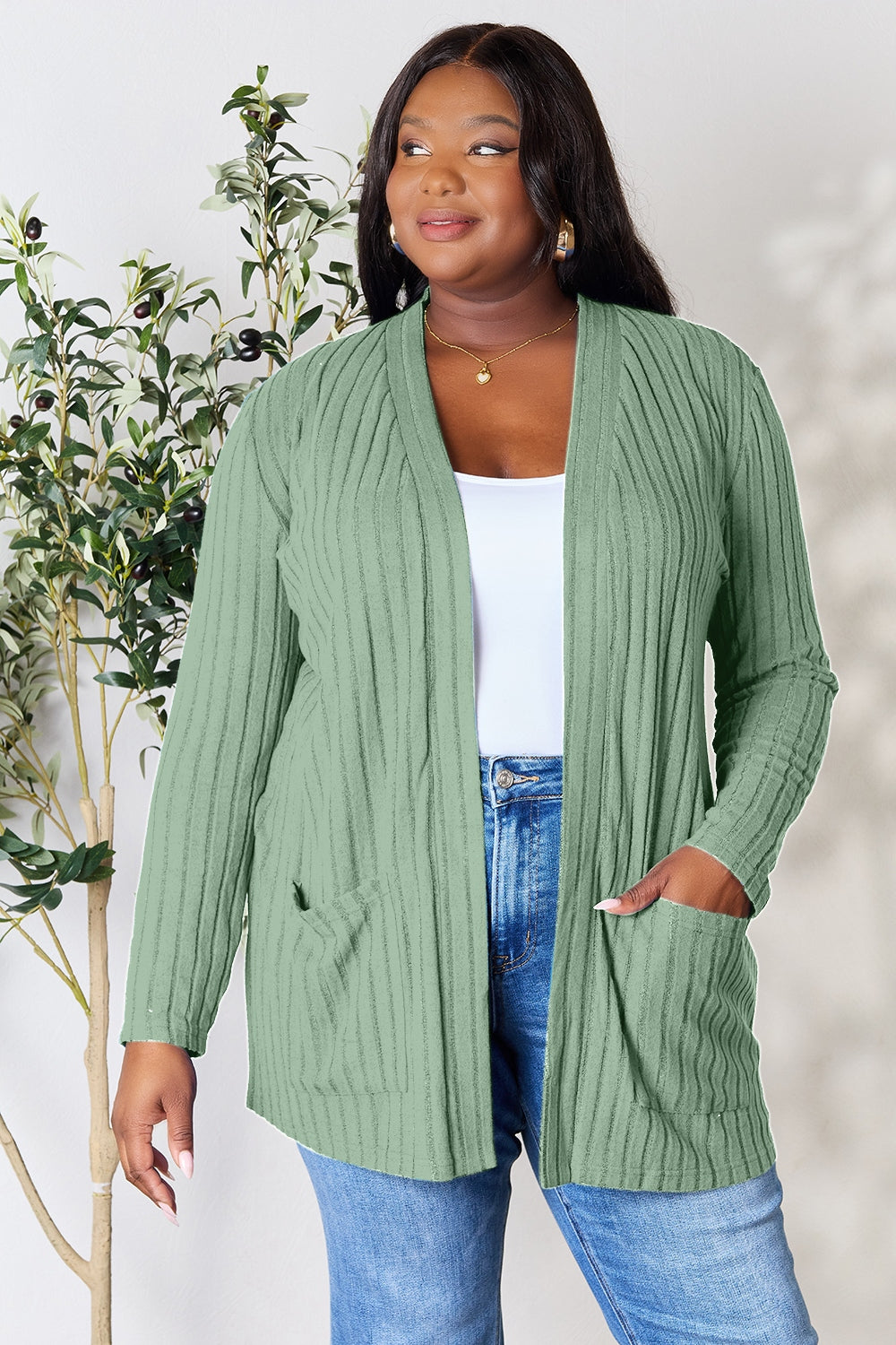 Buy light-green Basic Bae Full Size Ribbed Open Front Cardigan with Pockets