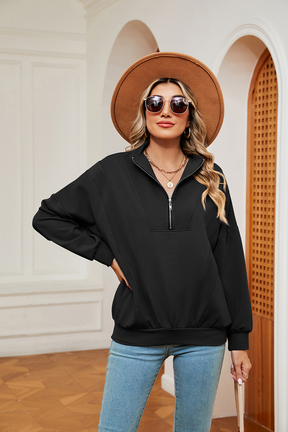 Buy black Half-Zip Dropped Shoulder Sweatshirt