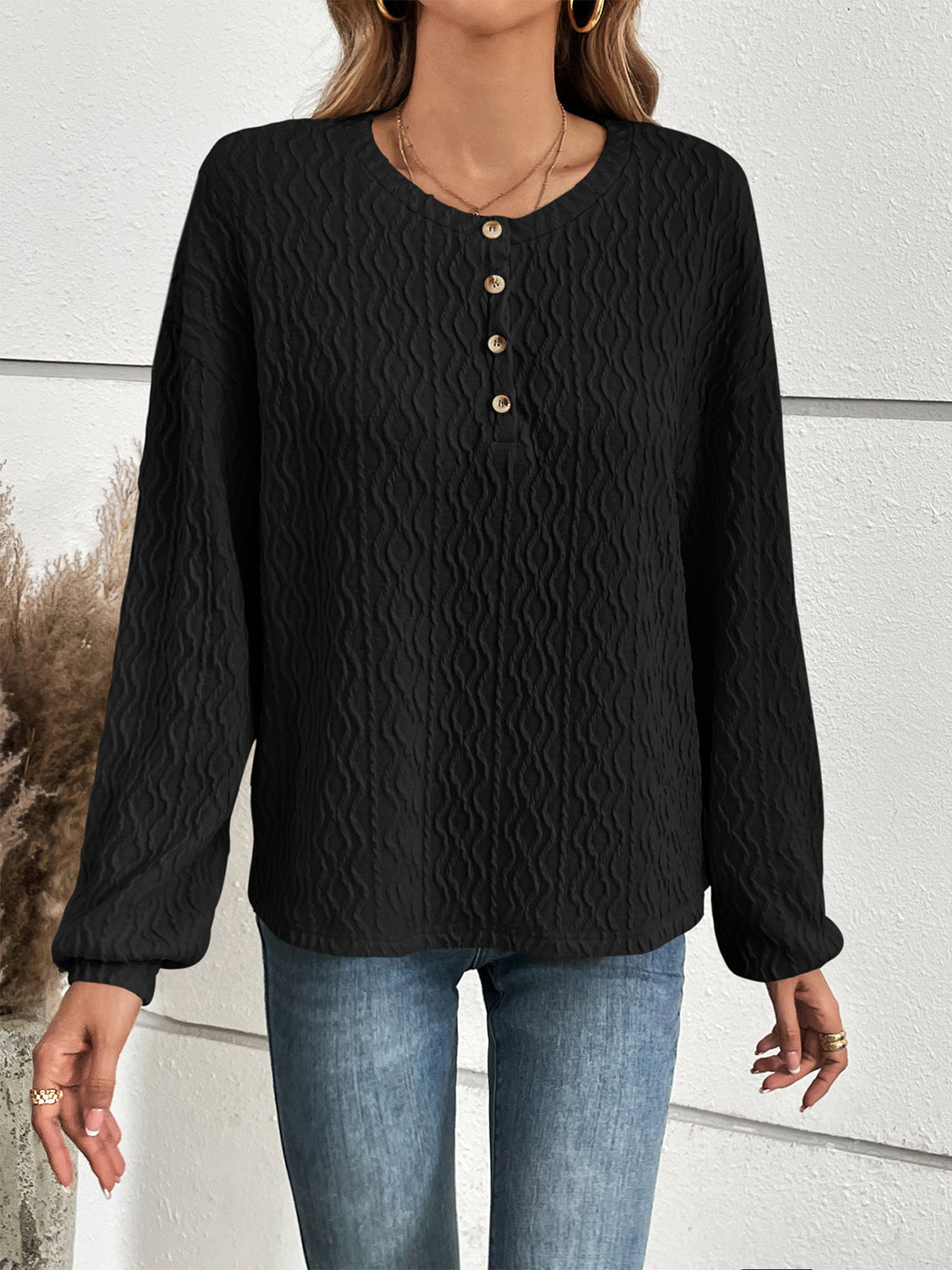 Buy black Ivy Lane Half Button Long Sleeve Top