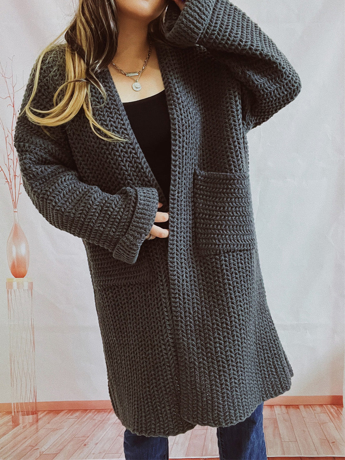 Buy charcoal Open Front Long Sleeve Cardigan with Pockets