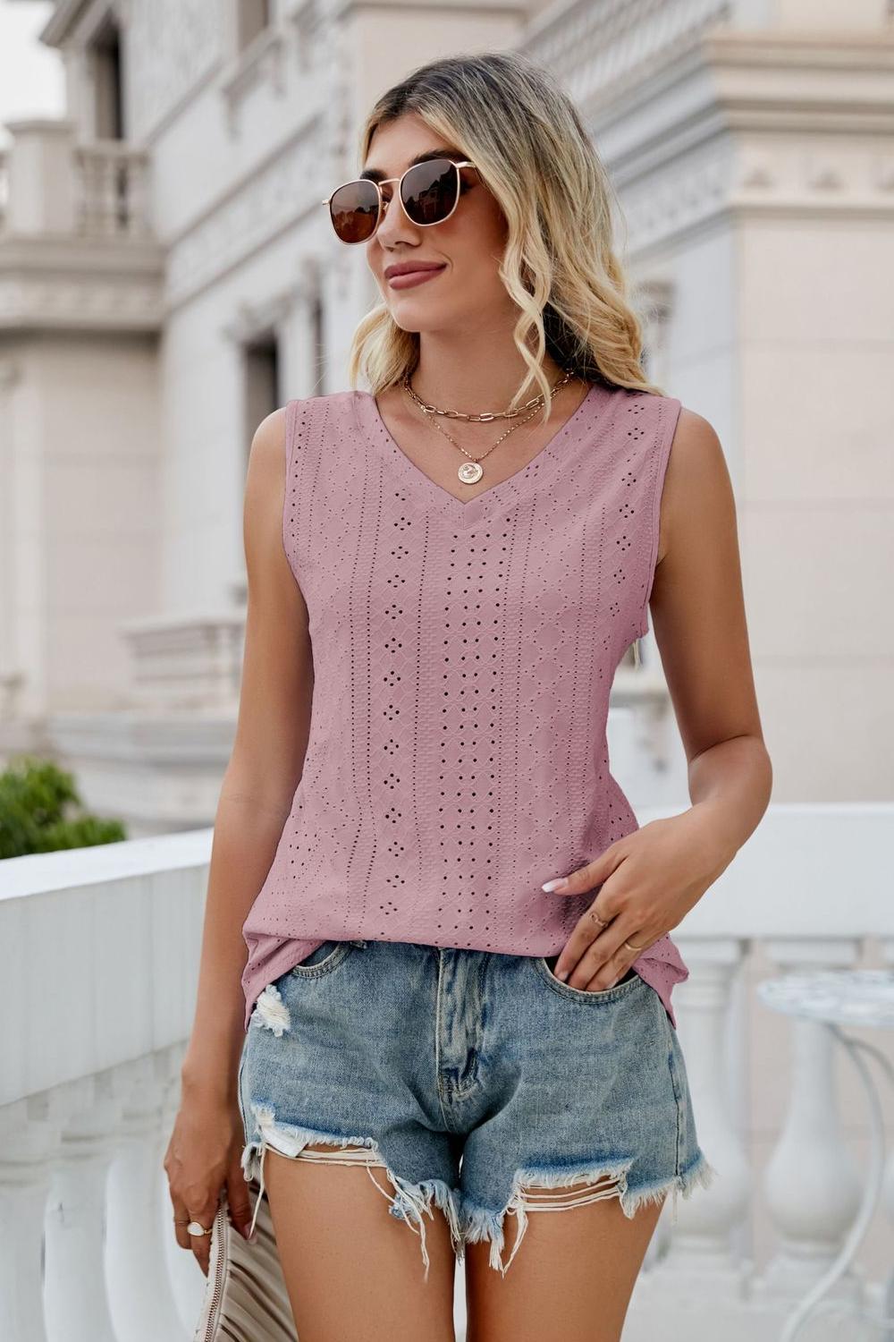 Buy dusty-pink Eyelet V-Neck Tank