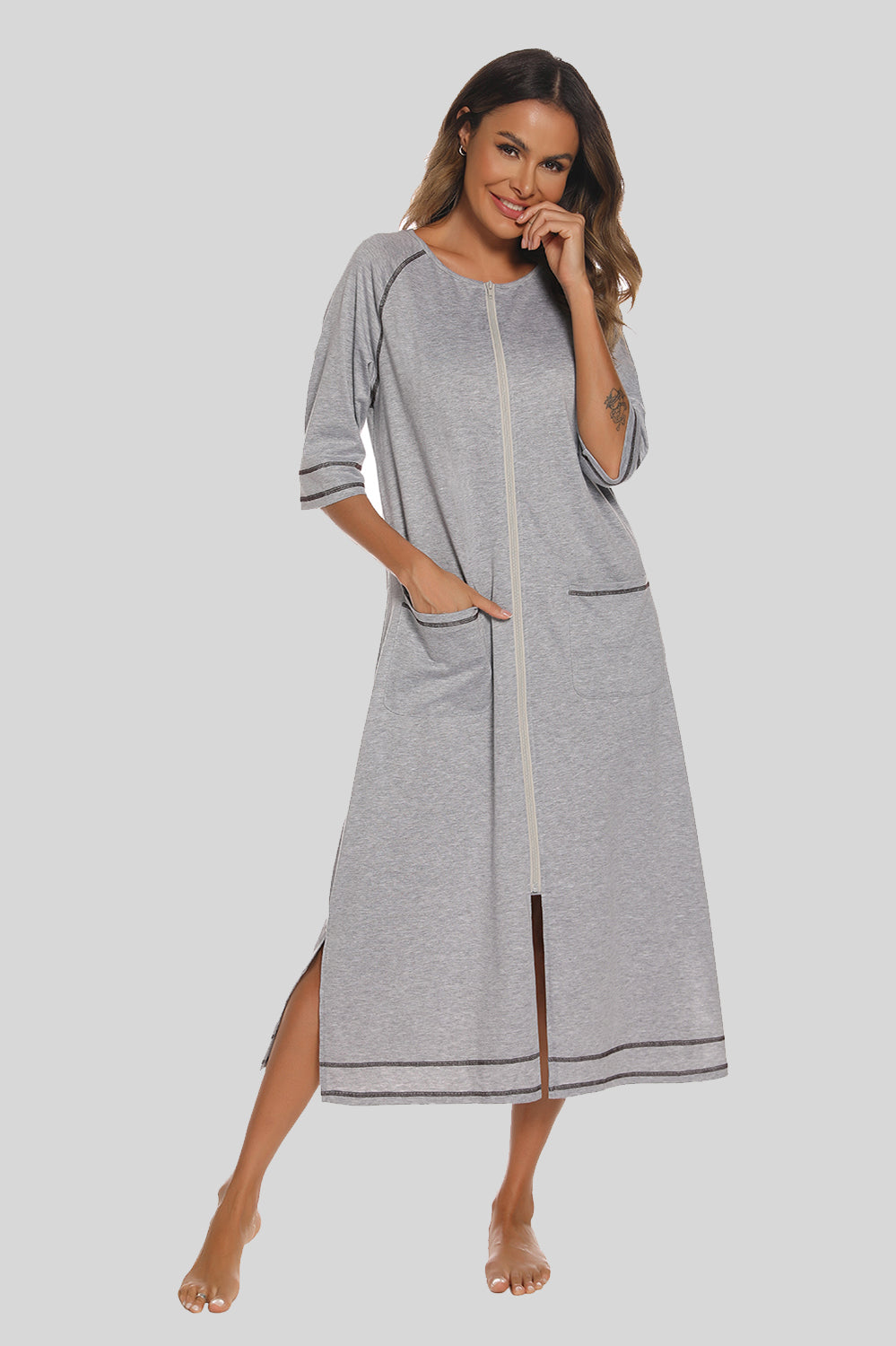 Buy heather-gray Zip Up Slit Round Neck Night Dress with Pockets