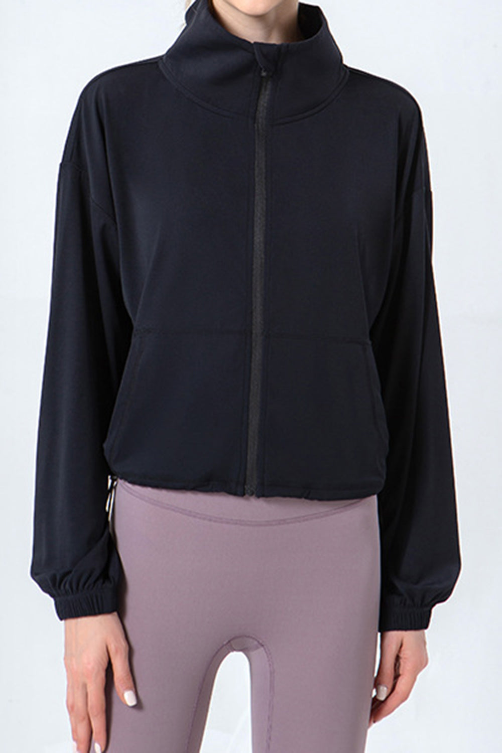 Buy black Drawstring Zip Up Dropped Shoulder Active Outerwear