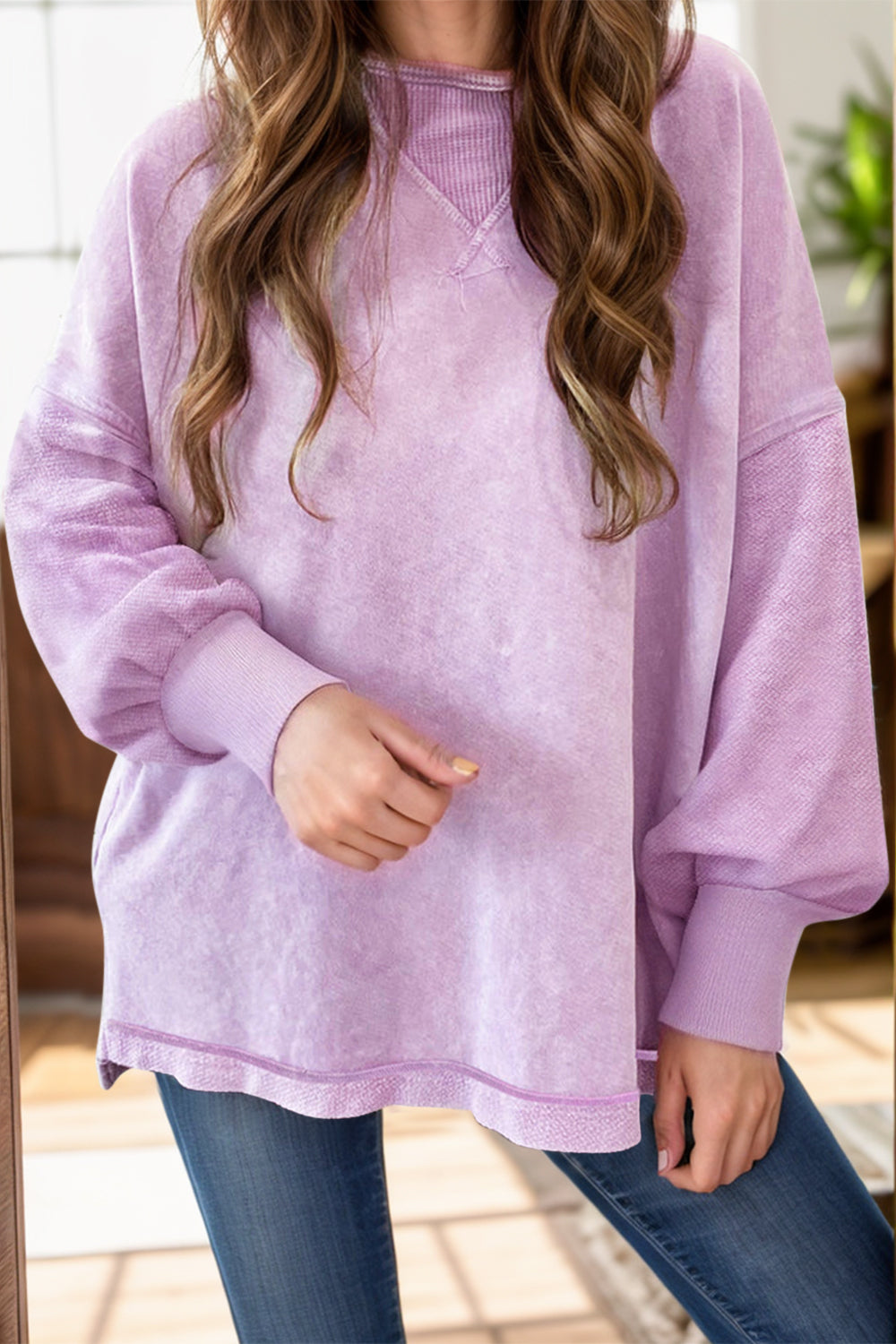 Buy lavender Round Neck Dropped Shoulder Sweatshirt