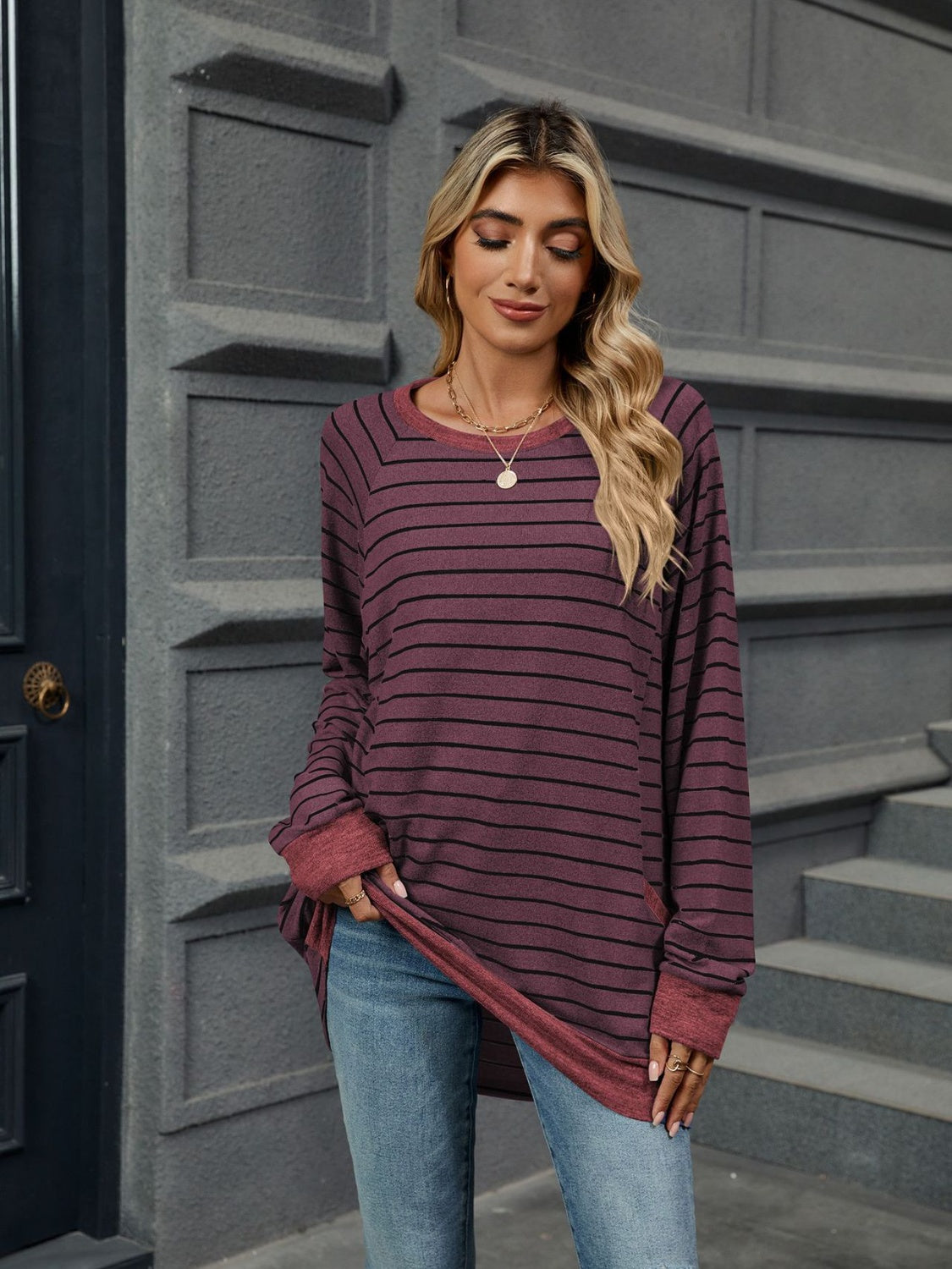 Buy plum Pocketed Striped Round Neck Long Sleeve T-Shirt