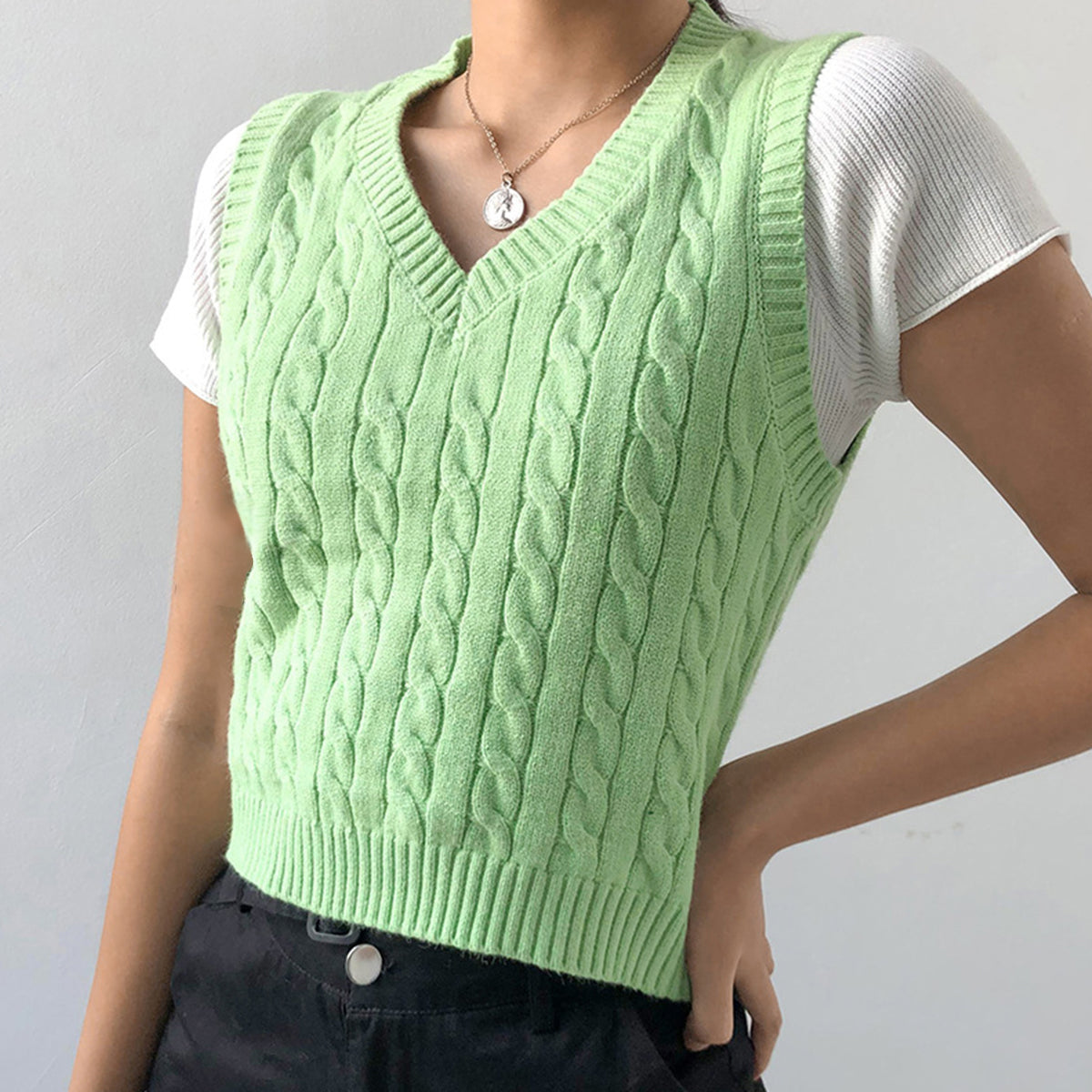 Buy light-green Cable-knit V-Neck Sweater Vest