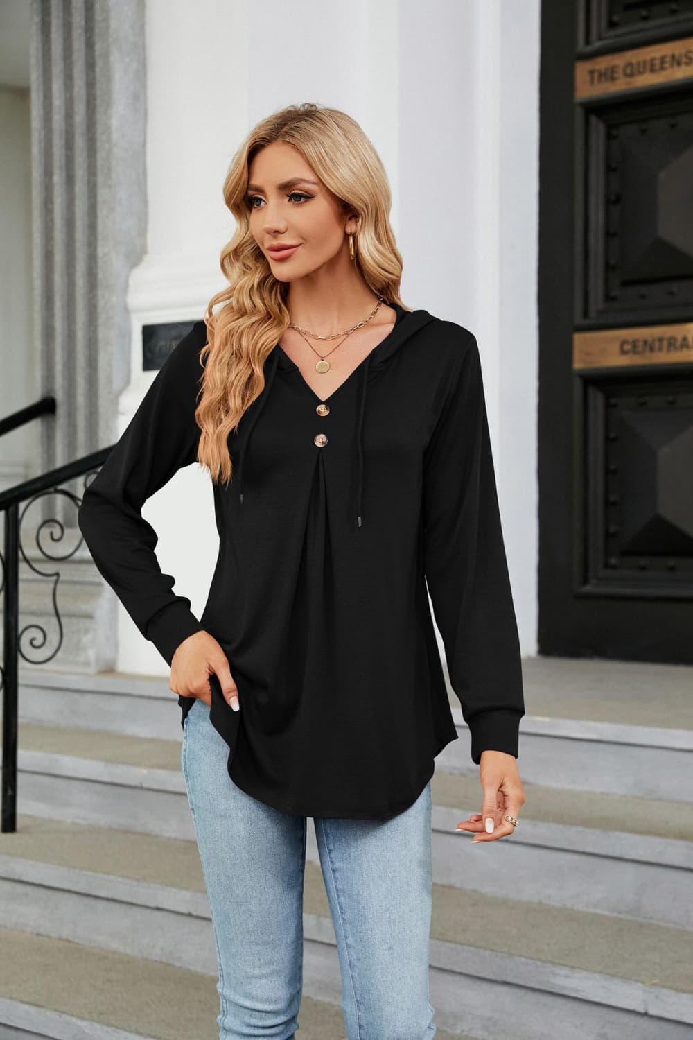 Buy black Long Sleeve Hooded Blouse