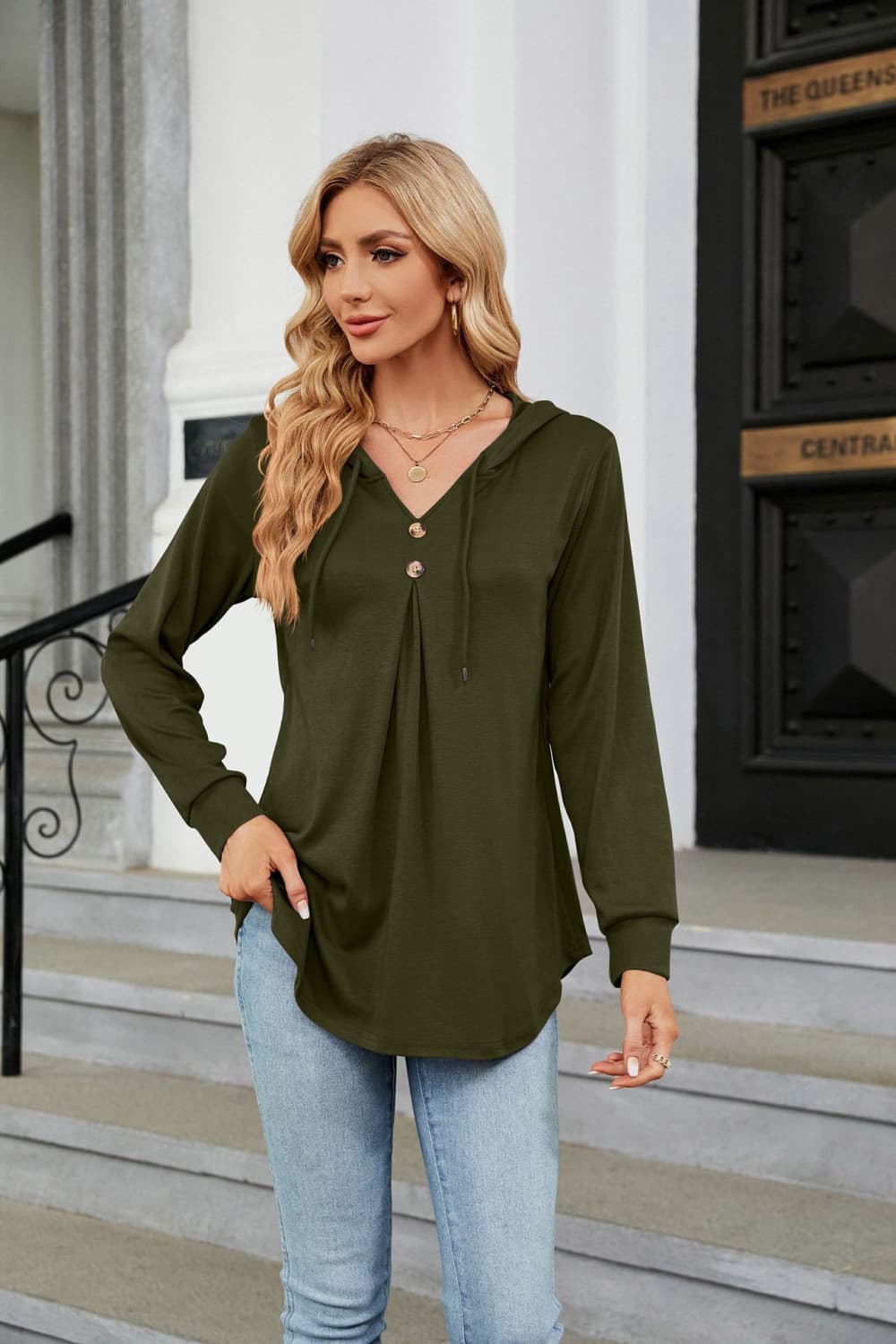 Buy army-green Long Sleeve Hooded Blouse