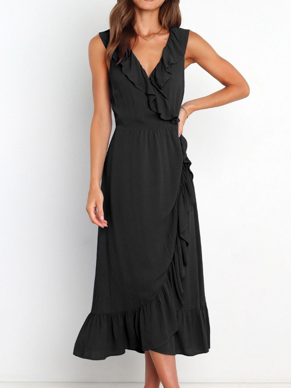 Buy black Ruffled Surplice Sleeveless Midi Dress