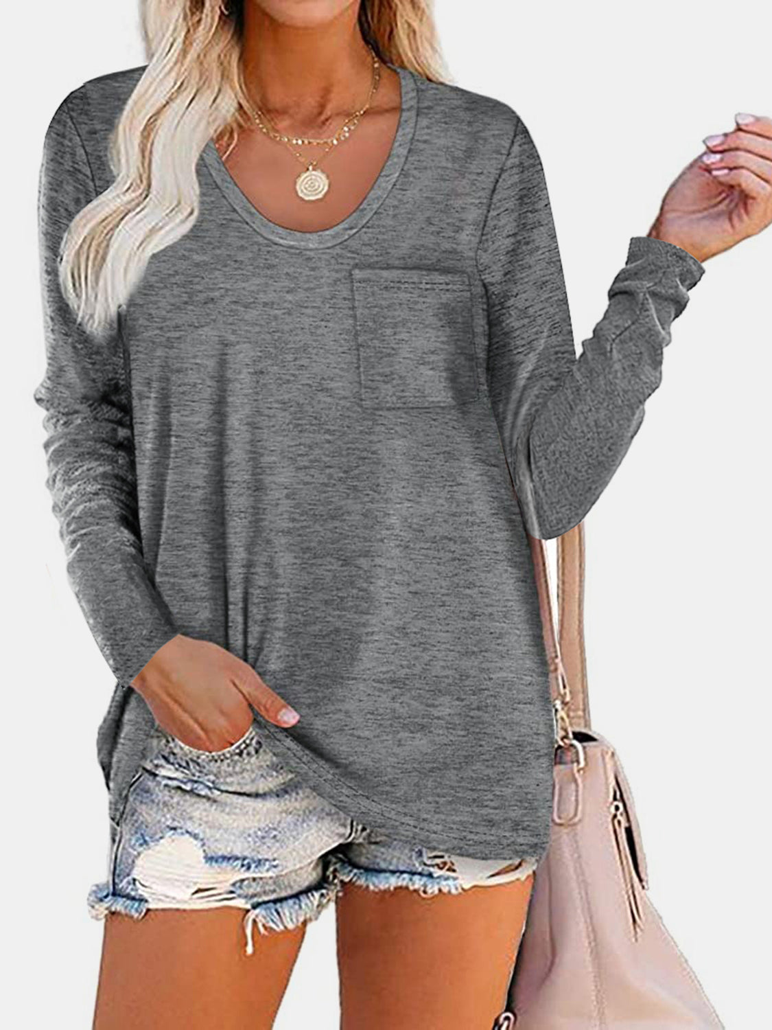 Buy gray Round Neck Long Sleeve T-Shirt