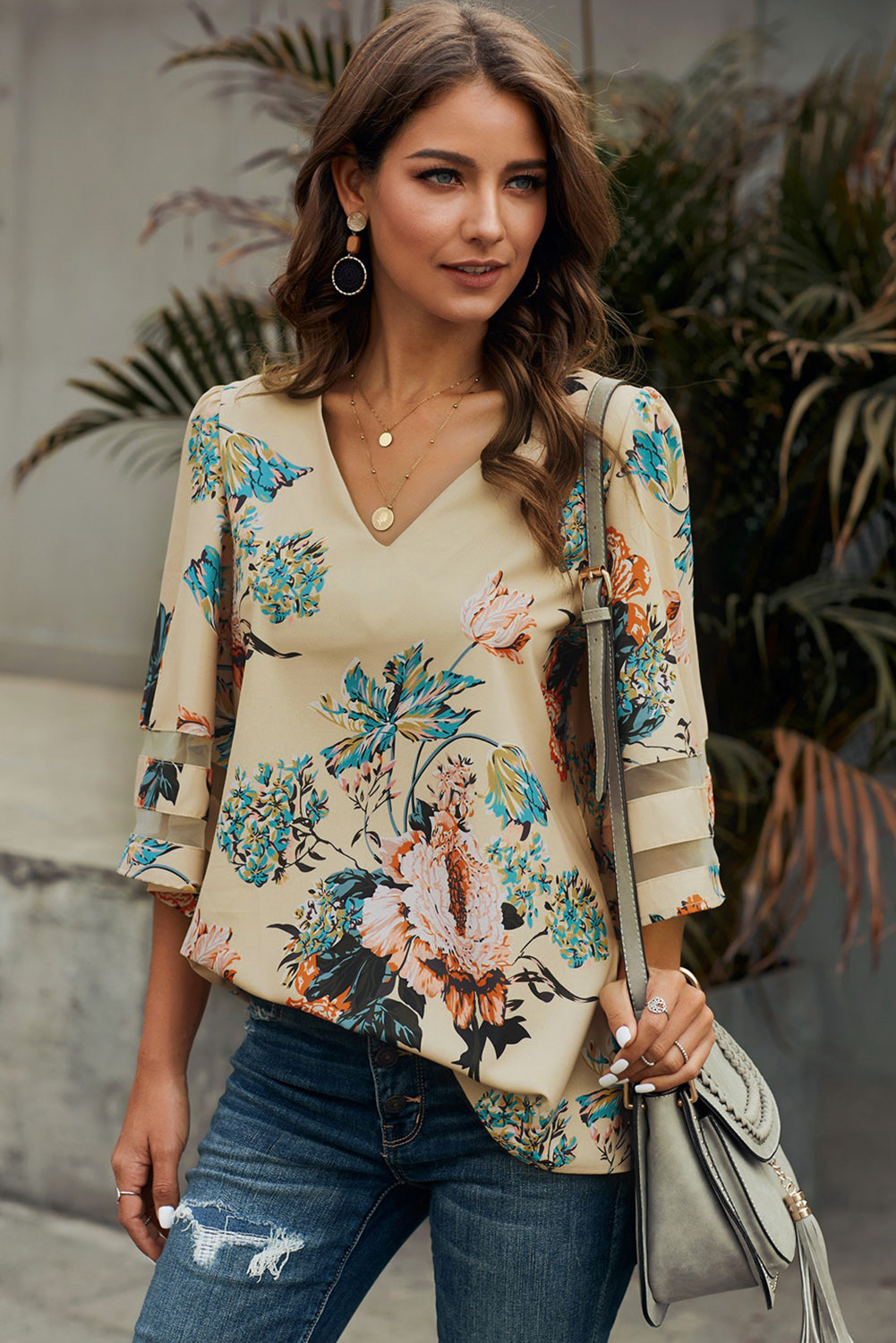 Buy cream Printed Flare Sleeve Top