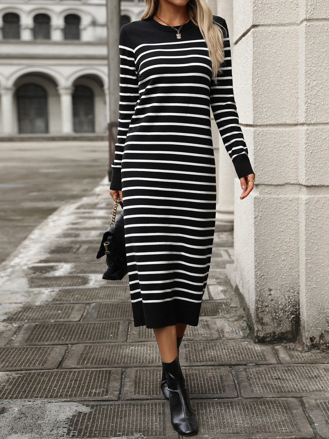 Buy black Striped Round Neck Long Sleeve Dress