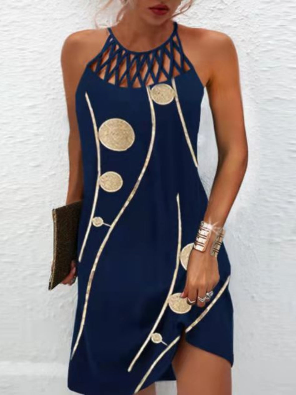 Buy dark-blue Printed Grecian Neck Mini Dress