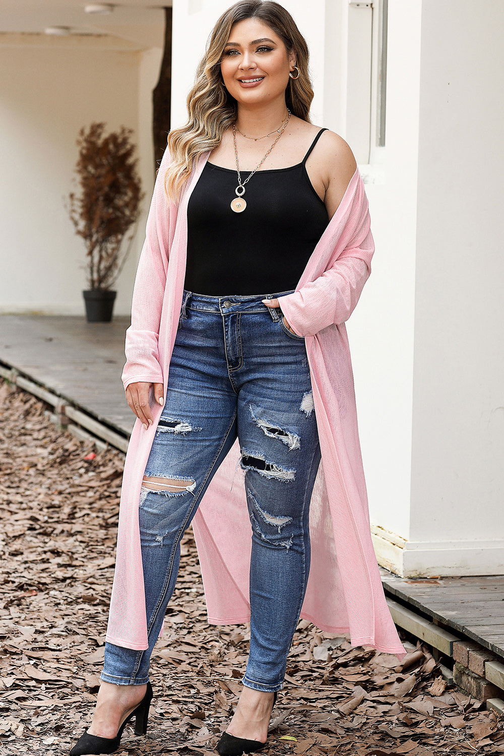 Open Front Long Sleeves Slit Cardigan