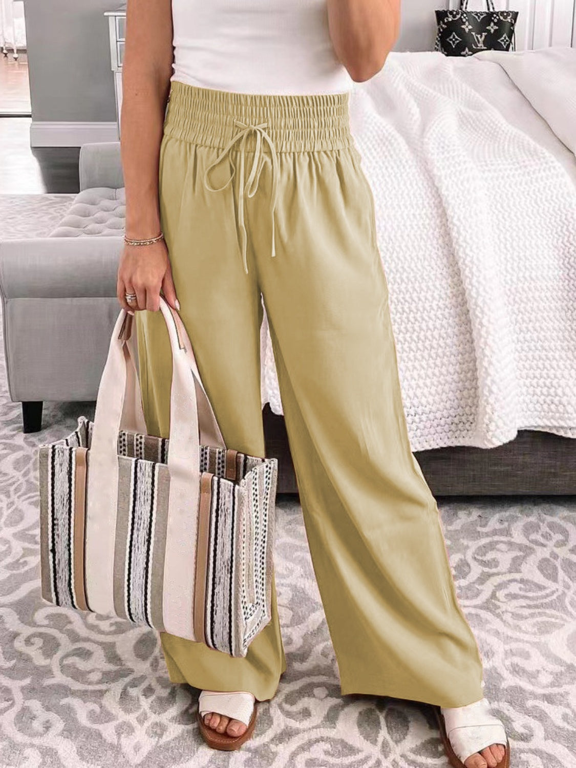 Buy tan Full Size Drawstring High Waist Wide Leg Pants