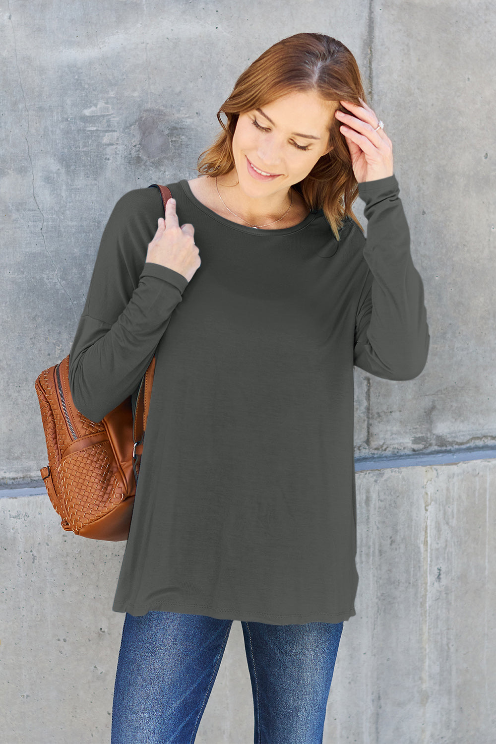 Buy dark-gray Basic Bae Full Size Round Neck Dropped Shoulder T-Shirt