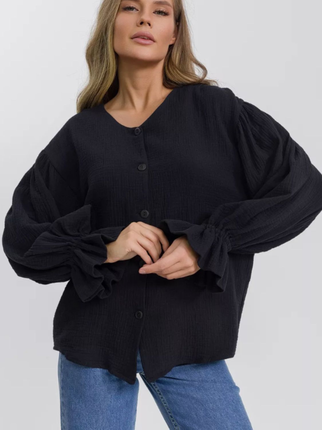 Buy black Button Up Flounce Sleeve Shirt