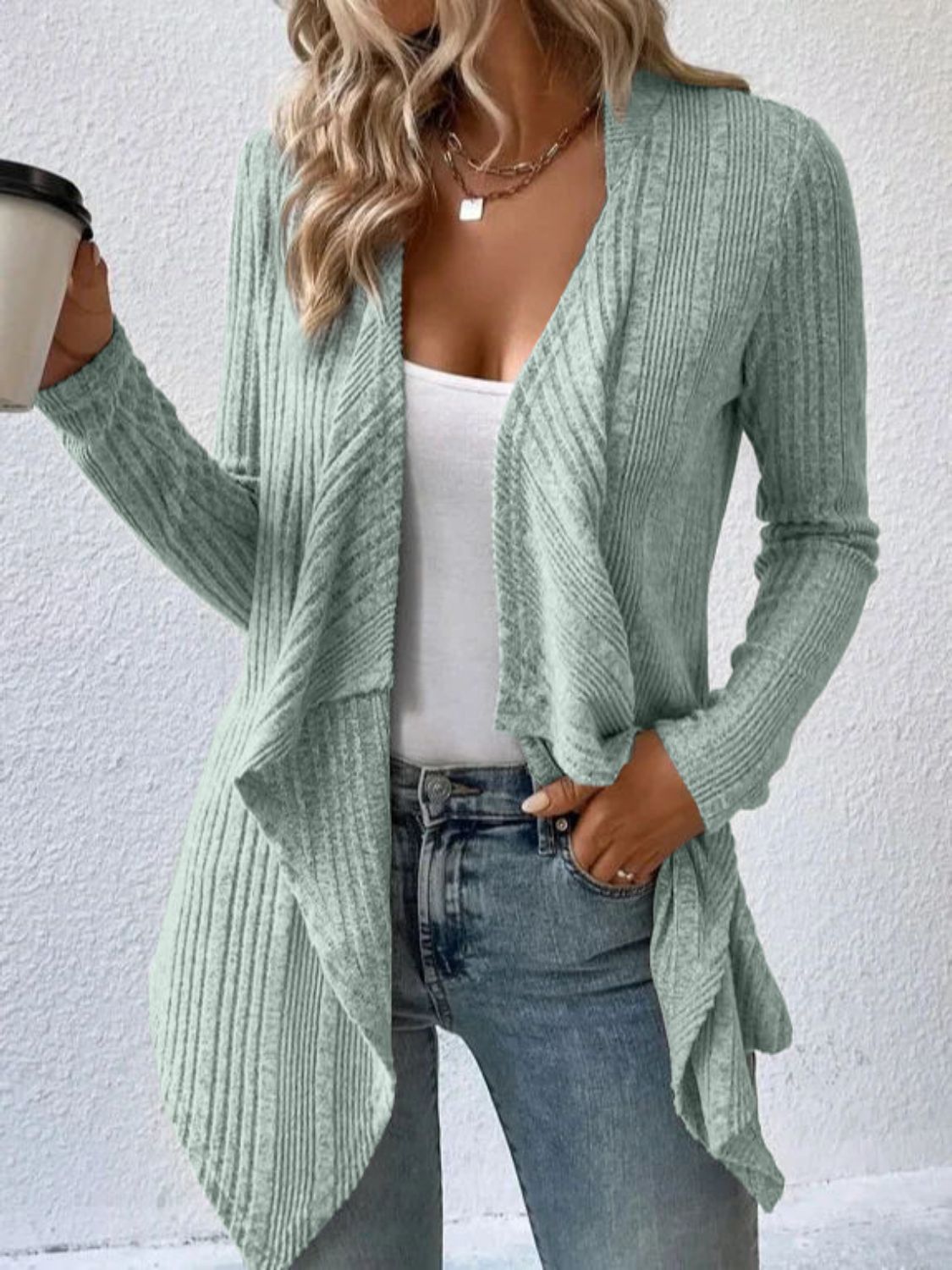 Buy sage Open Front Long Sleeve Cardigan