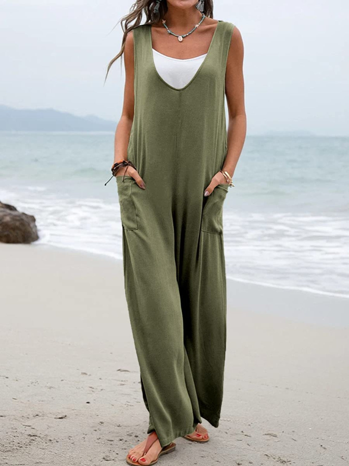 Buy matcha-green Full Size Wide Strap Jumpsuit with Pockets