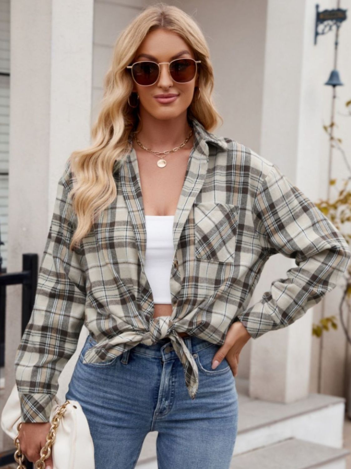 Buy khaki Mandy Pocketed Plaid Collared Neck Long Sleeve Shirt