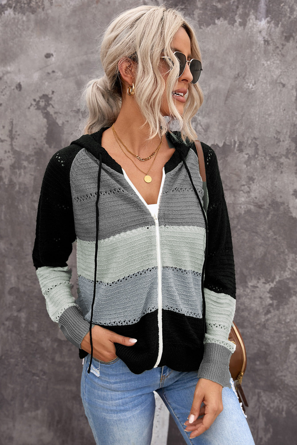 Buy black-gray Zip-Up Raglan Sleeve Openwork Hooded Cardigan