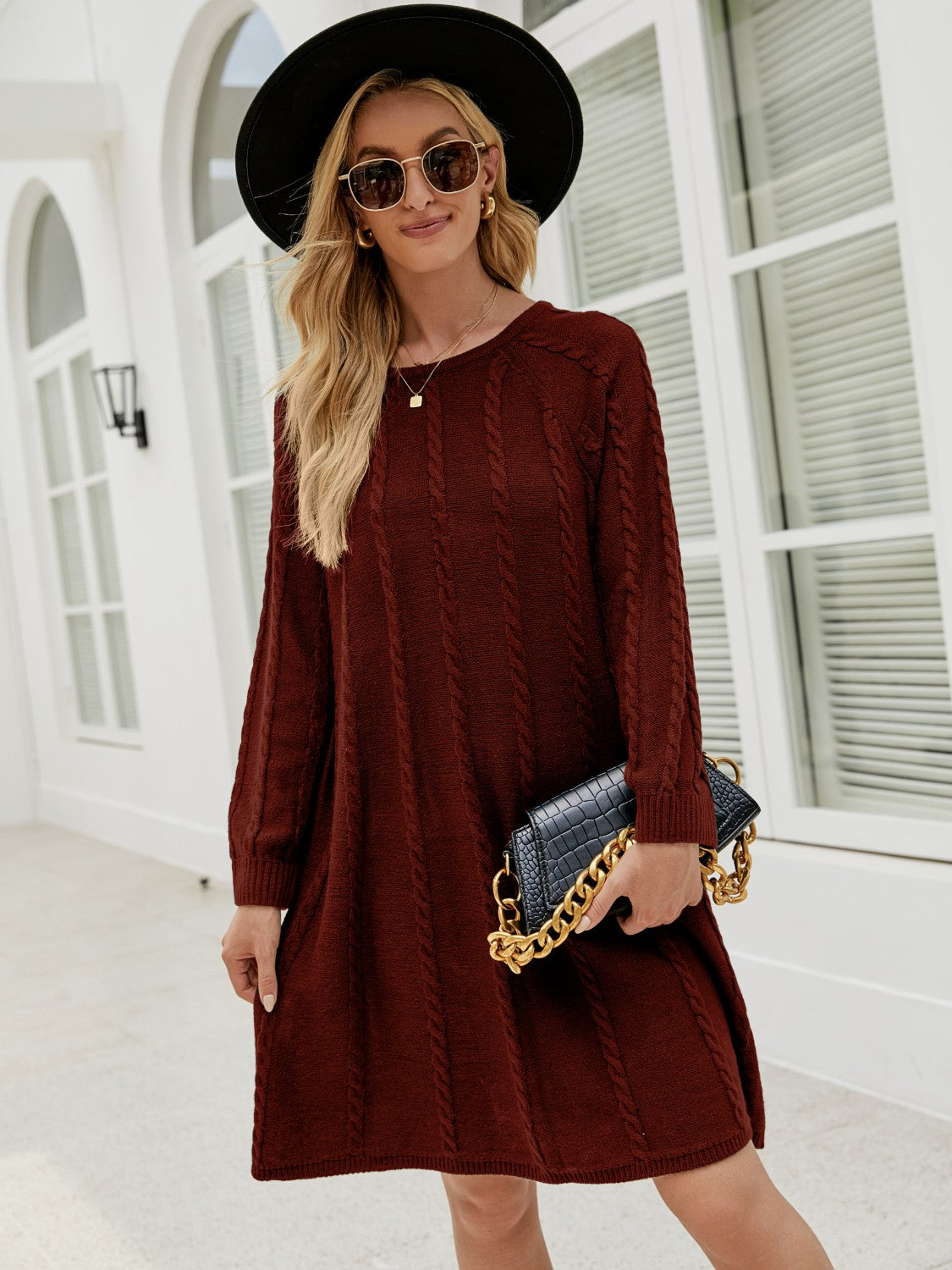 Buy wine Cable-Knit Long Sleeve Sweater Dress