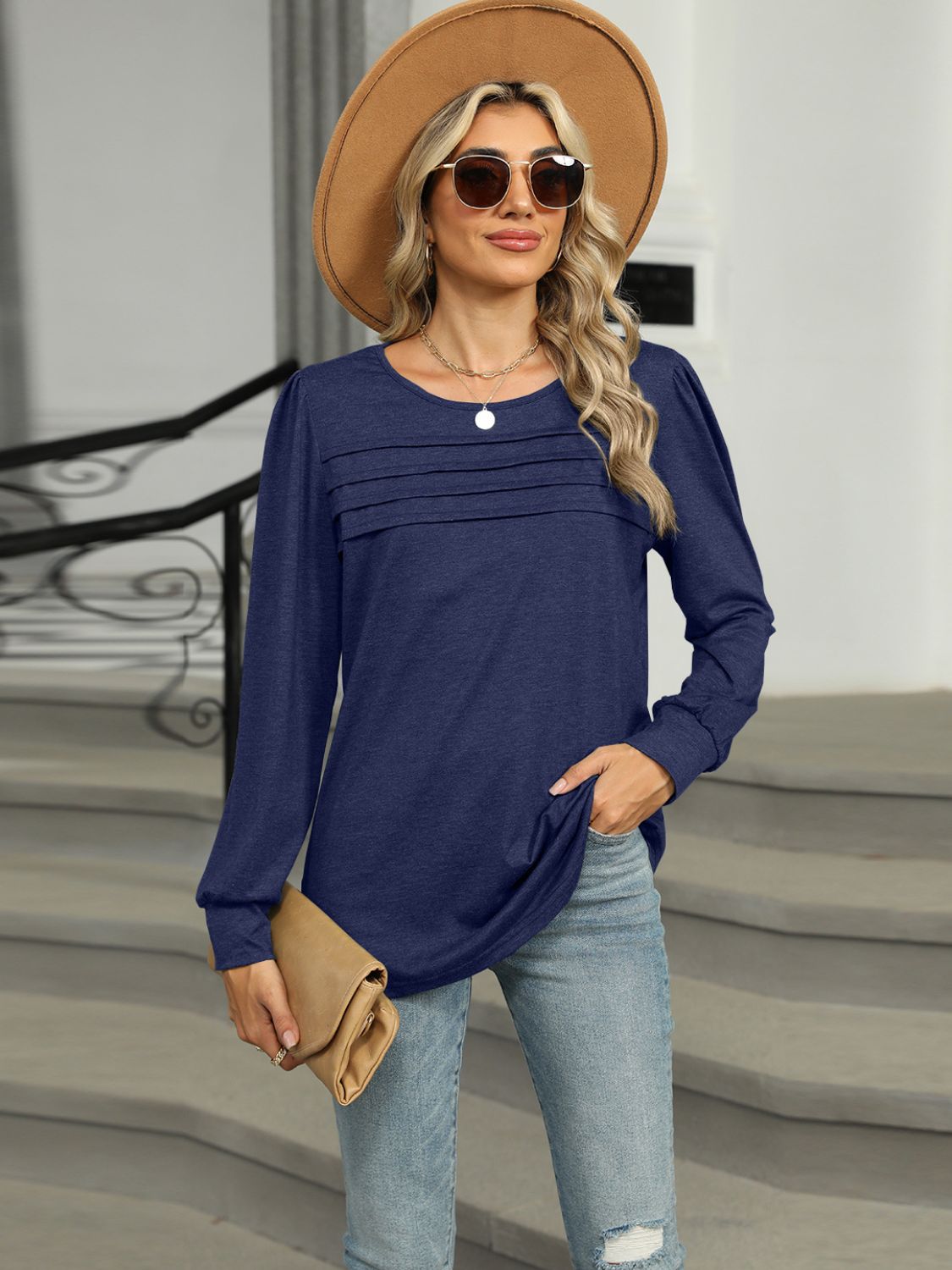 Buy dark-navy Round Neck Long Sleeve T-Shirt