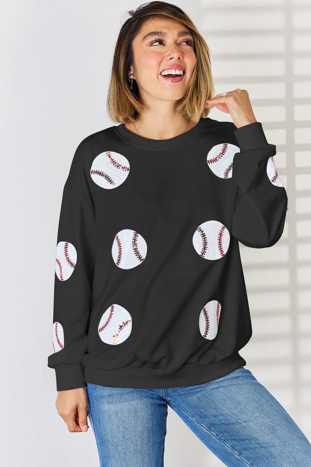 Buy black Sequin Baseball Round Neck Dropped Shoulder Sweatshirt