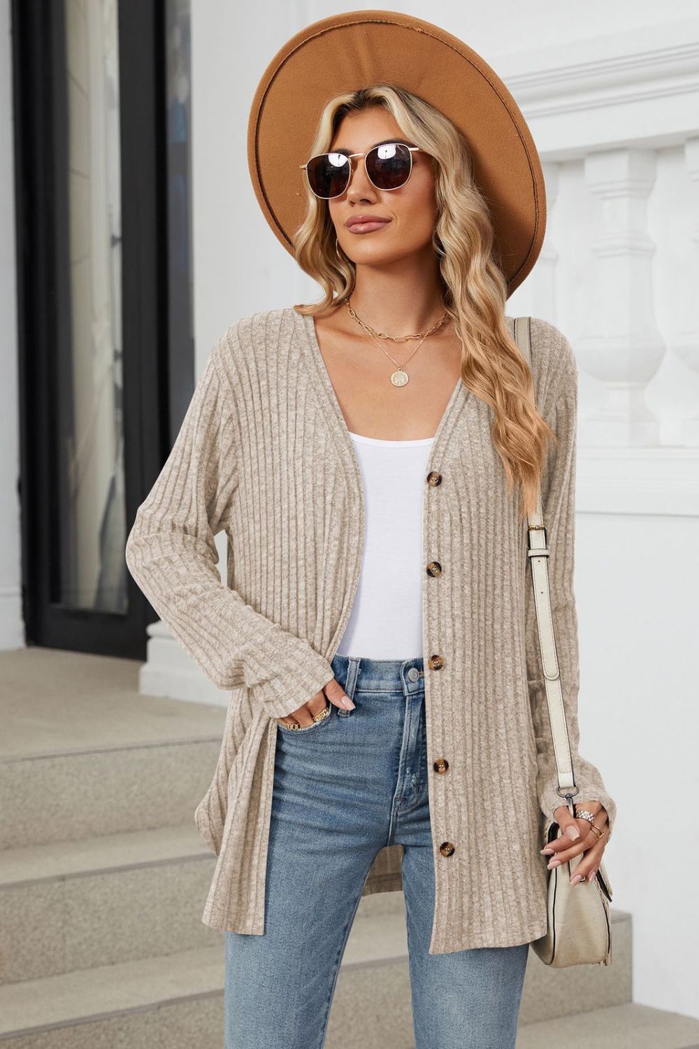 Buy khaki Ribbed Button Up Long Sleeve Cardigan