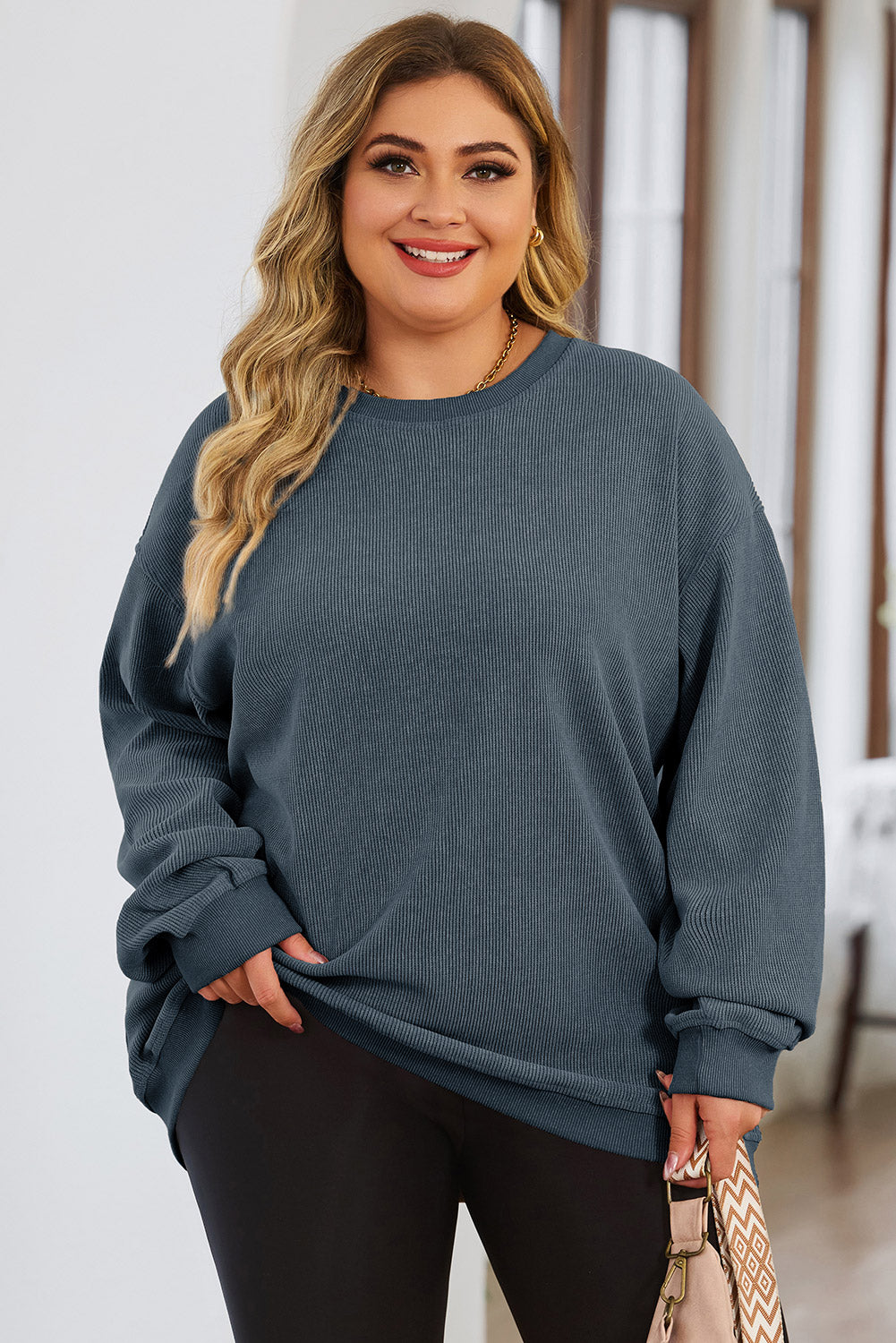 Buy french-blue Plus Size Round Neck Dropped Shoulder Sweatshirt