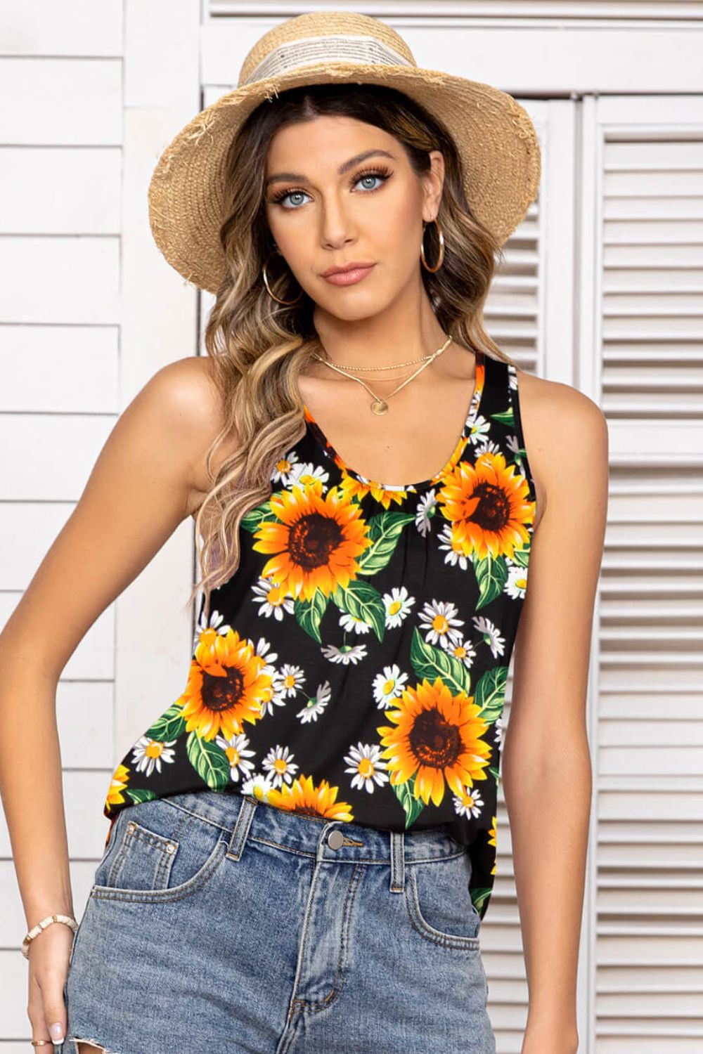 Buy black Floral Scoop Neck Tank Top